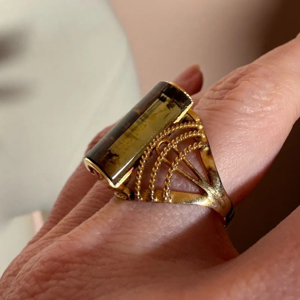 Vintage art deco Smoky Quartz cabochon gold plated oversized cocktail Ring
